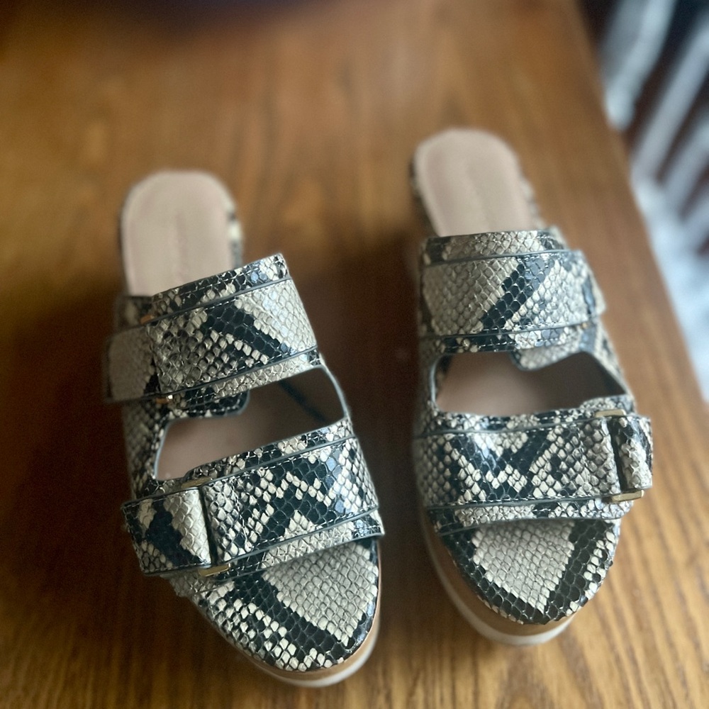 Veronica Beard Black and Cream Snakeskin Slide Sandals